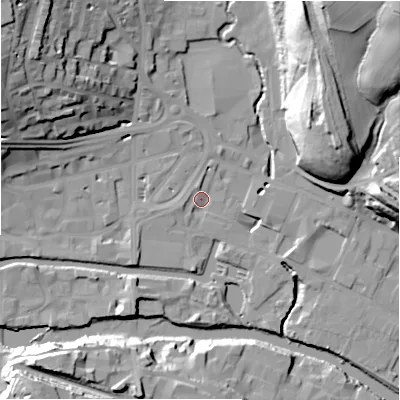 Shaded relief map of the ground around HD61PD, computed from Environment Agency LiDAR. The ground here sits at about 56 m above sea level and falls 40 m across the surrounding 800 m. Surface water reaching this point runs off ground lying to the north-north-west, 2.4 m higher.