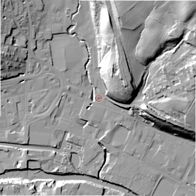 Shaded relief map of the ground around HD61PE, computed from Environment Agency LiDAR. The ground here sits at about 57 m above sea level and falls 53 m across the surrounding 800 m. Surface water reaching this point runs off ground lying to the north-east, 50.2 m higher.