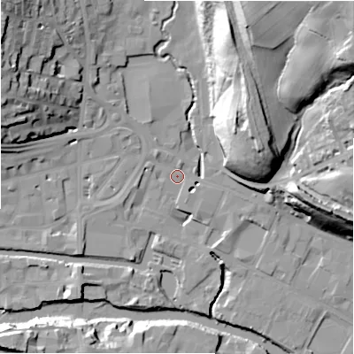 Shaded relief map of the ground around HD61PF, computed from Environment Agency LiDAR. The ground here sits at about 56 m above sea level and falls 46 m across the surrounding 800 m. Surface water reaching this point runs off ground lying to the north-east, 43.2 m higher.