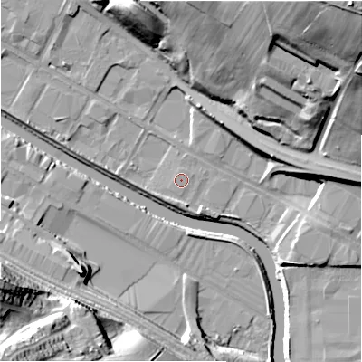 Shaded relief map of the ground around HD61PG, computed from Environment Agency LiDAR. The ground here sits at about 54 m above sea level and falls 52 m across the surrounding 800 m. Surface water reaching this point runs off ground lying to the south, 1.6 m higher.