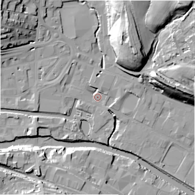 Shaded relief map of the ground around HD61PL, computed from Environment Agency LiDAR. The ground here sits at about 55 m above sea level and falls 43 m across the surrounding 800 m. Surface water reaching this point runs off ground lying to the north-east, 41.4 m higher.