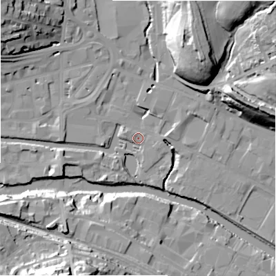 Shaded relief map of the ground around HD61PN, computed from Environment Agency LiDAR. The ground here sits at about 56 m above sea level and falls 36 m across the surrounding 800 m. Surface water reaching this point runs off ground lying to the north-east, 33.5 m higher.