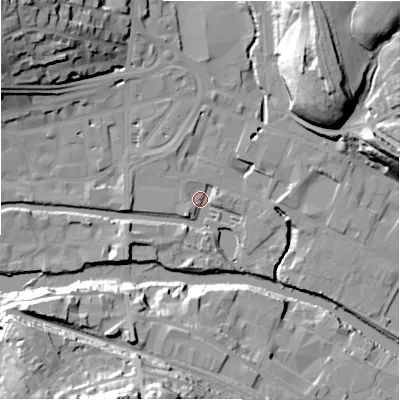 Shaded relief map of the ground around HD61PP, computed from Environment Agency LiDAR. The ground here sits at about 55 m above sea level and falls 34 m across the surrounding 800 m. Surface water reaching this point runs off ground lying to the north-east, 32.4 m higher.