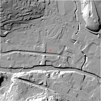 Shaded relief map of the ground around HD61PQ, computed from Environment Agency LiDAR. The ground here sits at about 56 m above sea level and falls 35 m across the surrounding 800 m. The ground contributing surface water to this point lies to the east.