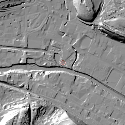 Shaded relief map of the ground around HD61PS, computed from Environment Agency LiDAR. The ground here sits at about 55 m above sea level and falls 53 m across the surrounding 800 m. Surface water reaching this point runs off ground lying to the east-north-east, 4.1 m higher.