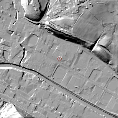 Shaded relief map of the ground around HD61PT, computed from Environment Agency LiDAR. The ground here sits at about 55 m above sea level and falls 54 m across the surrounding 800 m. Surface water reaching this point runs off ground lying to the north-west, 2.2 m higher.