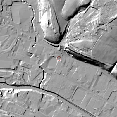 Shaded relief map of the ground around HD61PU, computed from Environment Agency LiDAR. The ground here sits at about 57 m above sea level and falls 56 m across the surrounding 800 m. Surface water reaching this point runs off ground lying to the north-north-west, 2.5 m higher.