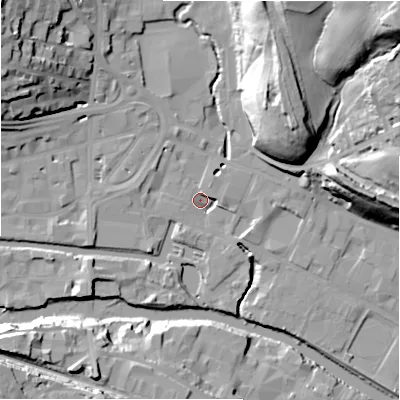 Shaded relief map of the ground around HD61PW, computed from Environment Agency LiDAR. The ground here sits at about 55 m above sea level and falls 44 m across the surrounding 800 m. Surface water reaching this point runs off ground lying to the north-east, 41.5 m higher.