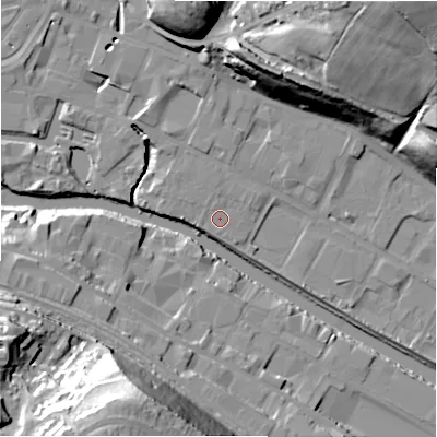 Shaded relief map of the ground around HD61PY, computed from Environment Agency LiDAR. The ground here sits at about 55 m above sea level and falls 45 m across the surrounding 800 m. Surface water reaching this point runs off ground lying to the north, 0.9 m higher.