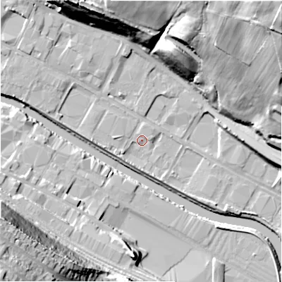 Shaded relief map of the ground around HD61PZ, computed from Environment Agency LiDAR. The ground here sits at about 54 m above sea level and falls 51 m across the surrounding 800 m. Surface water reaching this point runs off ground lying to the north, 25.8 m higher.