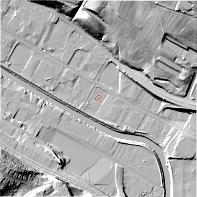 Shaded relief map of the ground around HD61QA, computed from Environment Agency LiDAR. The ground here sits at about 53 m above sea level and falls 54 m across the surrounding 800 m. Surface water reaching this point runs off ground lying to the south-west, 1.7 m higher.