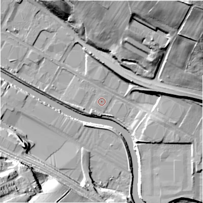 Shaded relief map of the ground around HD61QF, computed from Environment Agency LiDAR. The ground here sits at about 54 m above sea level and falls 55 m across the surrounding 800 m. Surface water reaching this point runs off ground lying to the south-south-west, 1.5 m higher.