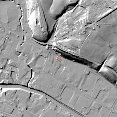 Shaded relief map of the ground around HD61QH, computed from Environment Agency LiDAR. The ground here sits at about 56 m above sea level and falls 65 m across the surrounding 800 m. Surface water reaching this point runs off ground lying to the north, 19.8 m higher.