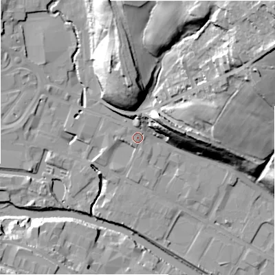 Shaded relief map of the ground around HD61QL, computed from Environment Agency LiDAR. The ground here sits at about 57 m above sea level and falls 58 m across the surrounding 800 m. Surface water reaching this point runs off ground lying to the north-east, 18.4 m higher.