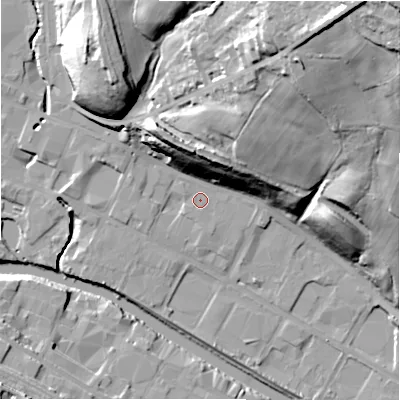 Shaded relief map of the ground around HD61QQ, computed from Environment Agency LiDAR. The ground here sits at about 56 m above sea level and falls 64 m across the surrounding 800 m. Surface water reaching this point runs off ground lying to the south-south-east, 0.7 m higher.