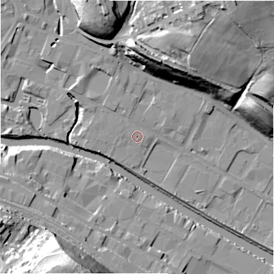 Shaded relief map of the ground around HD61QZ, computed from Environment Agency LiDAR. The ground here sits at about 55 m above sea level and falls 46 m across the surrounding 800 m. Surface water reaching this point runs off ground lying to the east-north-east, 0.7 m higher.