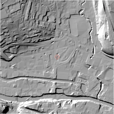 Shaded relief map of the ground around HD61RH, computed from Environment Agency LiDAR. The ground here sits at about 57 m above sea level and falls 40 m across the surrounding 800 m. Surface water reaching this point runs off ground lying to the north-west, 33.0 m higher.