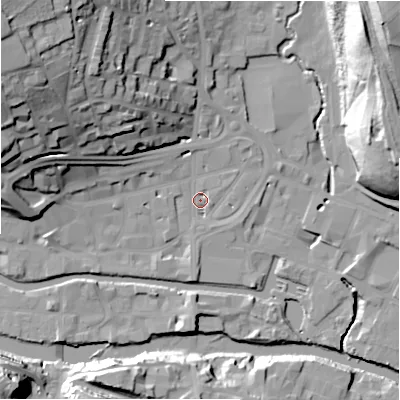 Shaded relief map of the ground around HD61RL, computed from Environment Agency LiDAR. The ground here sits at about 57 m above sea level and falls 40 m across the surrounding 800 m. Surface water reaching this point runs off ground lying to the north-west, 33.1 m higher.