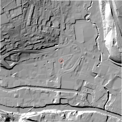 Shaded relief map of the ground around HD61RW, computed from Environment Agency LiDAR. The ground here sits at about 57 m above sea level and falls 40 m across the surrounding 800 m. Surface water reaching this point runs off ground lying to the north-west, 33.1 m higher.