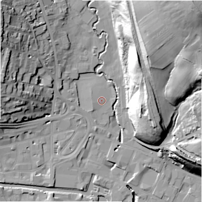 Shaded relief map of the ground around HD61RZ, computed from Environment Agency LiDAR. The ground here sits at about 58 m above sea level and falls 60 m across the surrounding 800 m. Surface water reaching this point runs off ground lying to the west-south-west, 1.2 m higher.