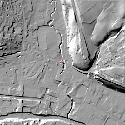 Shaded relief map of the ground around HD61SL, computed from Environment Agency LiDAR. The ground here sits at about 56 m above sea level and falls 54 m across the surrounding 800 m. Surface water reaching this point runs off ground lying to the north-north-east, 30.2 m higher.
