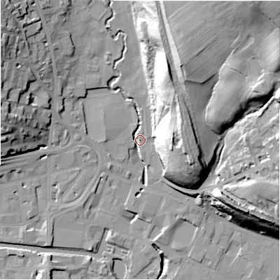 Shaded relief map of the ground around HD61SN, computed from Environment Agency LiDAR. The ground here sits at about 58 m above sea level and falls 59 m across the surrounding 800 m. Surface water reaching this point runs off ground lying to the north, 33.5 m higher.