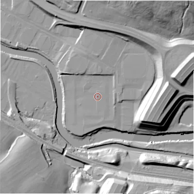 Shaded relief map of the ground around HD61XE, computed from Environment Agency LiDAR. The ground here sits at about 56 m above sea level and falls 39 m across the surrounding 800 m. The ground contributing surface water to this point lies to the north-east.
