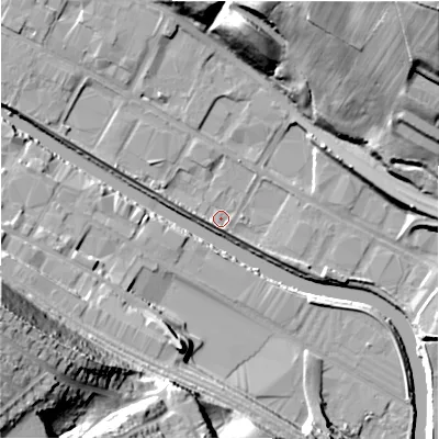 Shaded relief map of the ground around HD61XF, computed from Environment Agency LiDAR. The ground here sits at about 53 m above sea level and falls 47 m across the surrounding 800 m. Surface water reaching this point runs off ground lying to the west, 1.9 m higher.