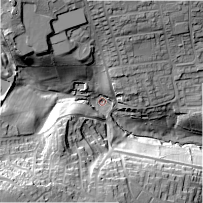 Shaded relief map of the ground around HD62HF, computed from Environment Agency LiDAR. The ground here sits at about 87 m above sea level and falls 52 m across the surrounding 800 m. Surface water reaching this point runs off ground lying to the south-west, 38.5 m higher.