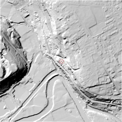 Shaded relief map of the ground around HD62QR, computed from Environment Agency LiDAR. The ground here sits at about 77 m above sea level and falls 61 m across the surrounding 800 m. Surface water reaching this point runs off ground lying to the east, 33.8 m higher.