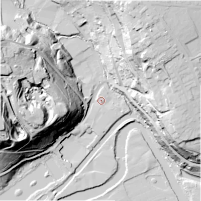 Shaded relief map of the ground around HD62QS, computed from Environment Agency LiDAR. The ground here sits at about 60 m above sea level and falls 70 m across the surrounding 800 m. Surface water reaching this point runs off ground lying to the south, 1.3 m higher.