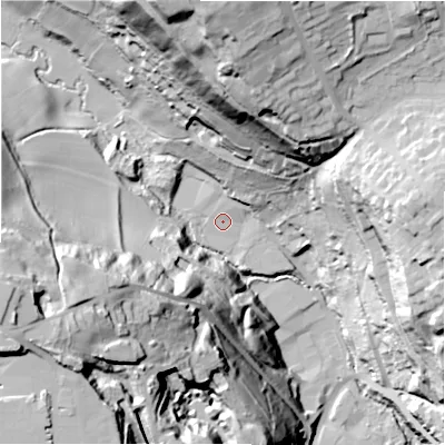 Shaded relief map of the ground around HD62RA, computed from Environment Agency LiDAR. The ground here sits at about 64 m above sea level and falls 78 m across the surrounding 800 m. Surface water reaching this point runs off ground lying to the north-north-east, 45.0 m higher.