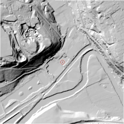 Shaded relief map of the ground around HD62RB, computed from Environment Agency LiDAR. The ground here sits at about 57 m above sea level and falls 72 m across the surrounding 800 m. Surface water reaching this point runs off ground lying to the west-north-west, 68.9 m higher.
