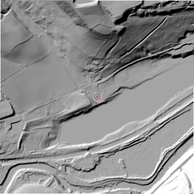 Shaded relief map of the ground around HD62RG, computed from Environment Agency LiDAR. The ground here sits at about 64 m above sea level and falls 84 m across the surrounding 800 m. Surface water reaching this point runs off ground lying to the west-south-west, 7.2 m higher.