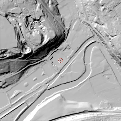Shaded relief map of the ground around HD62RW, computed from Environment Agency LiDAR. The ground here sits at about 57 m above sea level and falls 75 m across the surrounding 800 m. Surface water reaching this point runs off ground lying to the north-west, 72.2 m higher.
