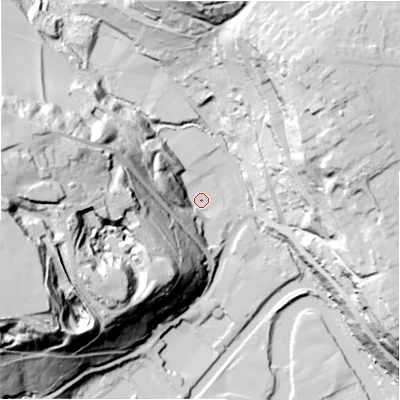 Shaded relief map of the ground around HD62SD, computed from Environment Agency LiDAR. The ground here sits at about 59 m above sea level and falls 75 m across the surrounding 800 m. Surface water reaching this point runs off ground lying to the west, 68.2 m higher.