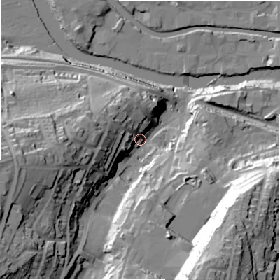 Shaded relief map of the ground around HD63AA, computed from Environment Agency LiDAR. The ground here sits at about 65 m above sea level and falls 69 m across the surrounding 800 m. Surface water reaching this point runs off ground lying to the south-west, 43.2 m higher.