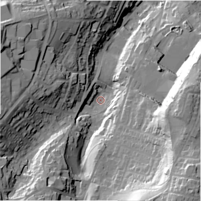 Shaded relief map of the ground around HD63AG, computed from Environment Agency LiDAR. The ground here sits at about 76 m above sea level and falls 72 m across the surrounding 800 m. Surface water reaching this point runs off ground lying to the south-east, 56.5 m higher.