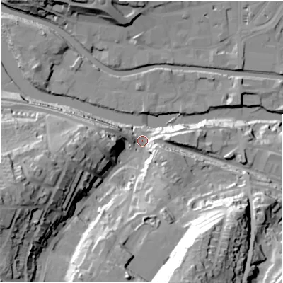 Shaded relief map of the ground around HD63DH, computed from Environment Agency LiDAR. The ground here sits at about 58 m above sea level and falls 62 m across the surrounding 800 m. Surface water reaching this point runs off ground lying to the west-south-west, 42.2 m higher.