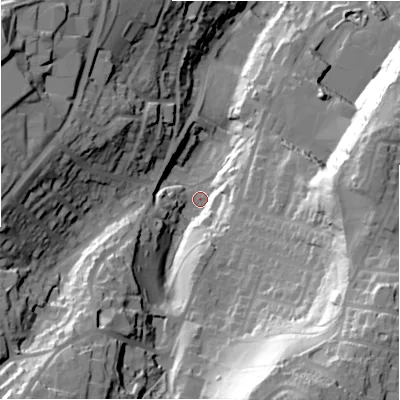 Shaded relief map of the ground around HD63EG, computed from Environment Agency LiDAR. The ground here sits at about 79 m above sea level and falls 74 m across the surrounding 800 m. Surface water reaching this point runs off ground lying to the south-south-east, 58.4 m higher.