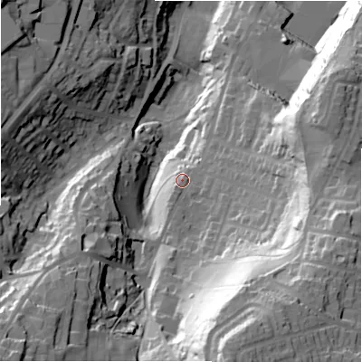 Shaded relief map of the ground around HD63EL, computed from Environment Agency LiDAR. The ground here sits at about 95 m above sea level and falls 76 m across the surrounding 800 m. Surface water reaching this point runs off ground lying to the south-south-west, 3.3 m higher.