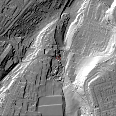 Shaded relief map of the ground around HD63HF, computed from Environment Agency LiDAR. The ground here sits at about 99 m above sea level and falls 75 m across the surrounding 800 m. Surface water reaching this point runs off ground lying to the south-south-east, 55.1 m higher.