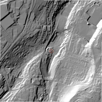 Shaded relief map of the ground around HD63HR, computed from Environment Agency LiDAR. The ground here sits at about 83 m above sea level and falls 75 m across the surrounding 800 m. Surface water reaching this point runs off ground lying to the south-west, 19.5 m higher.