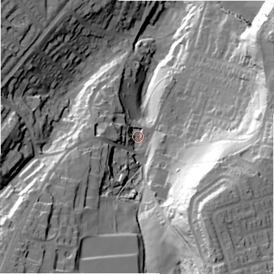 Shaded relief map of the ground around HD63SJ, computed from Environment Agency LiDAR. The ground here sits at about 95 m above sea level and falls 74 m across the surrounding 800 m. Surface water reaching this point runs off ground lying to the south-south-east, 54.5 m higher.