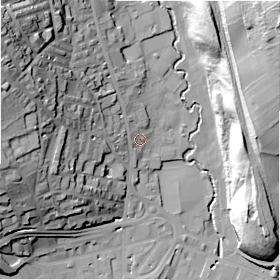 Shaded relief map of the ground around HD64AA, computed from Environment Agency LiDAR. The ground here sits at about 61 m above sea level and falls 57 m across the surrounding 800 m. Surface water reaching this point runs off ground lying to the north-west, 38.9 m higher.
