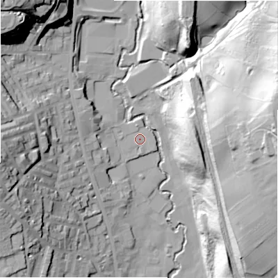 Shaded relief map of the ground around HD64AB, computed from Environment Agency LiDAR. The ground here sits at about 63 m above sea level and falls 58 m across the surrounding 800 m. Surface water reaching this point runs off ground lying to the south, 1.3 m higher.