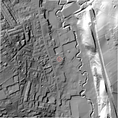 Shaded relief map of the ground around HD64AF, computed from Environment Agency LiDAR. The ground here sits at about 64 m above sea level and falls 53 m across the surrounding 800 m. Surface water reaching this point runs off ground lying to the west-north-west, 5.0 m higher.