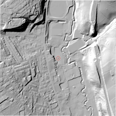 Shaded relief map of the ground around HD64AH, computed from Environment Agency LiDAR. The ground here sits at about 64 m above sea level and falls 52 m across the surrounding 800 m. Surface water reaching this point runs off ground lying to the north-west, 6.8 m higher.