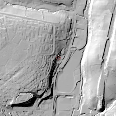 Shaded relief map of the ground around HD64BP, computed from Environment Agency LiDAR. The ground here sits at about 77 m above sea level and falls 52 m across the surrounding 800 m. Surface water reaching this point runs off ground lying to the west, 40.6 m higher.