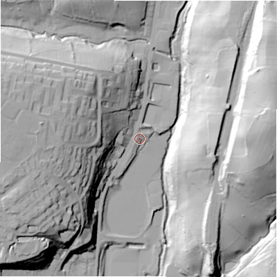 Shaded relief map of the ground around HD64BW, computed from Environment Agency LiDAR. The ground here sits at about 72 m above sea level and falls 63 m across the surrounding 800 m. Surface water reaching this point runs off ground lying to the west, 38.7 m higher.